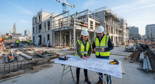 Chantier de construction moderne en Belgique : panneaux en béton préfabriqué, échafaudages et ingénieurs consultant les plans.